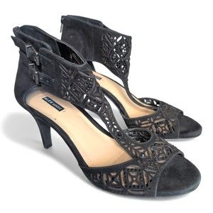 Alex Marie Black Suede Laser-Cut Ankle‎ Heels, Size 7.5